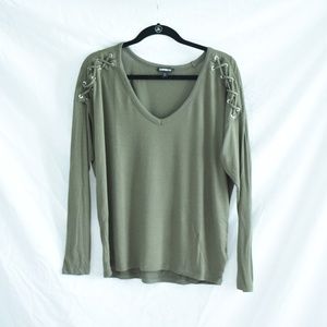 Express Khaki Green Long Sleeve V-Neck Top Size M